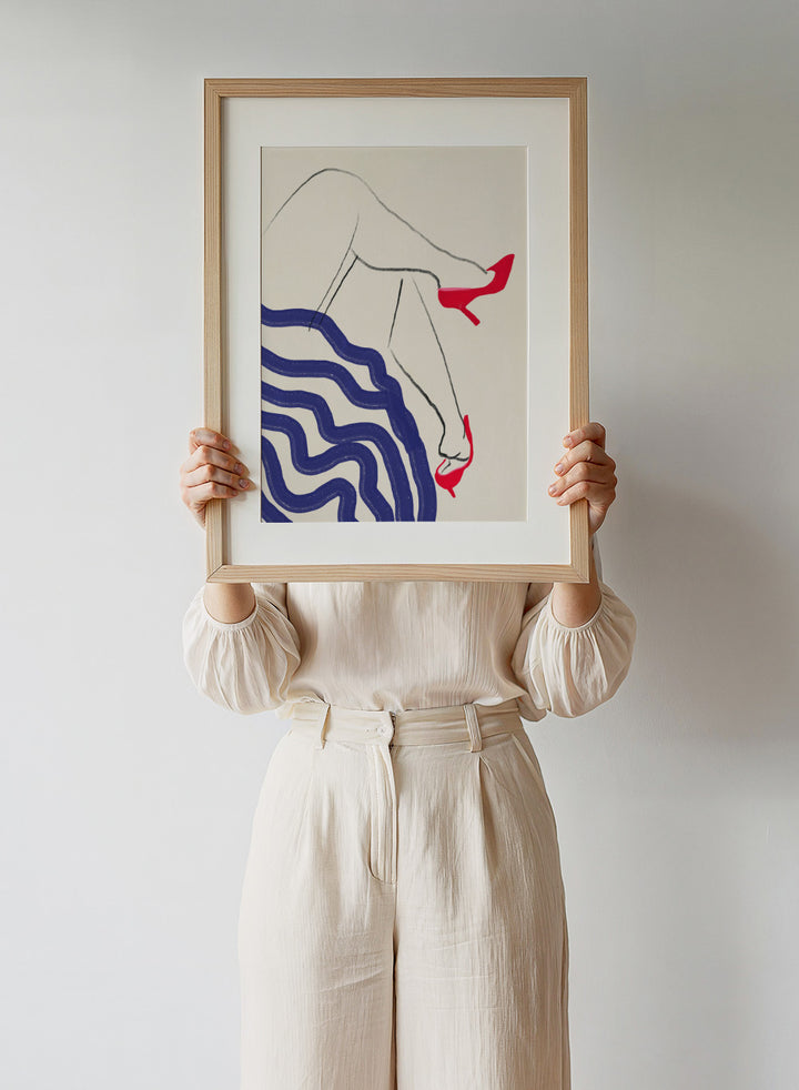 Crimson Heels Dance art print by Little Dean. Contemporary abstract figure wall art featuring bold red heels, fluid movement, minimalist illustration, and modern poster design.