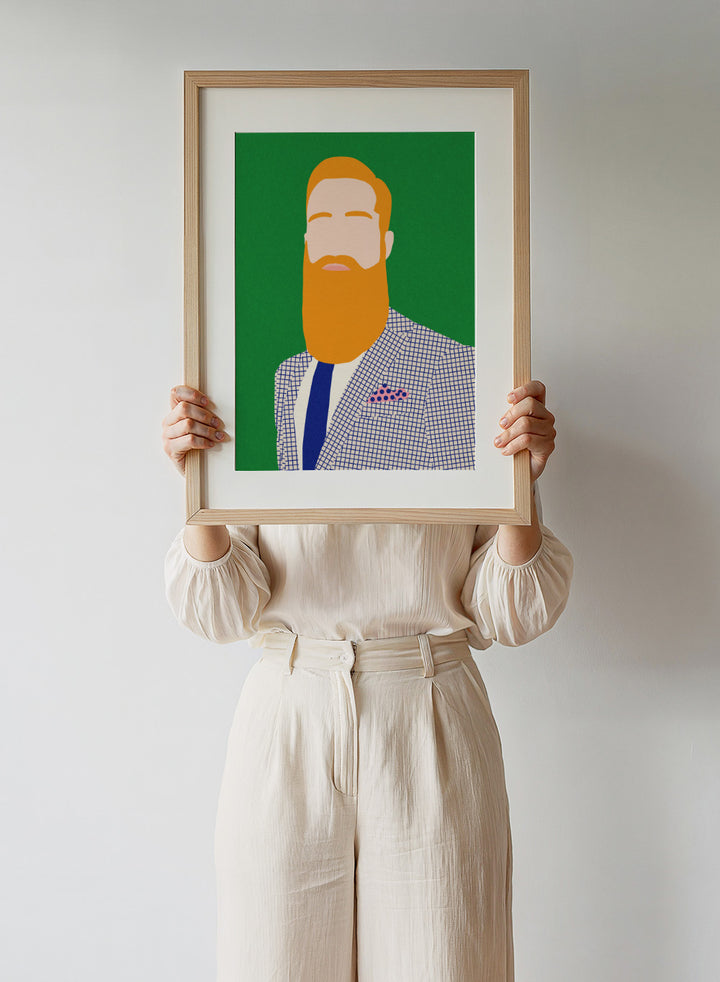 Illustration of a man with a beard wearing a checkered jacket and blue tie on a green background. Men From Barber Shop by Rosi Feist is a bold minimalist portrait art print with modern pop color, Bauhaus design, officially licensed fine art poster.