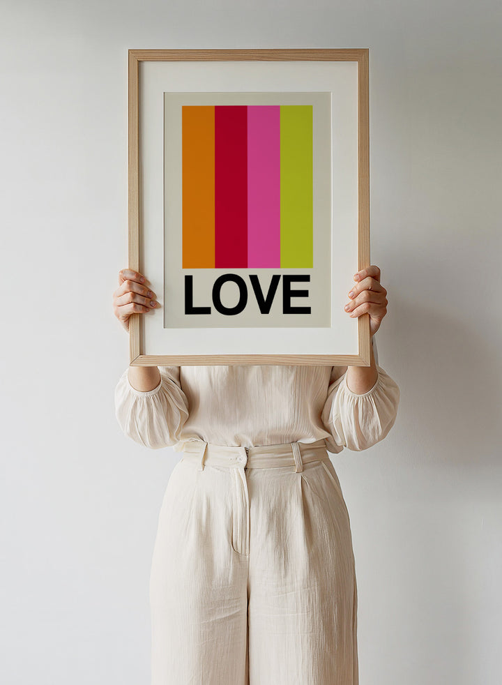 Colorful striped poster with the word 'LOVE' on a beige background. Retro Stripe LOVE Fruit by Frances Collett features colorful vertical stripes and bold LOVE typography. Officially licensed modern graphic art print with optional framing.