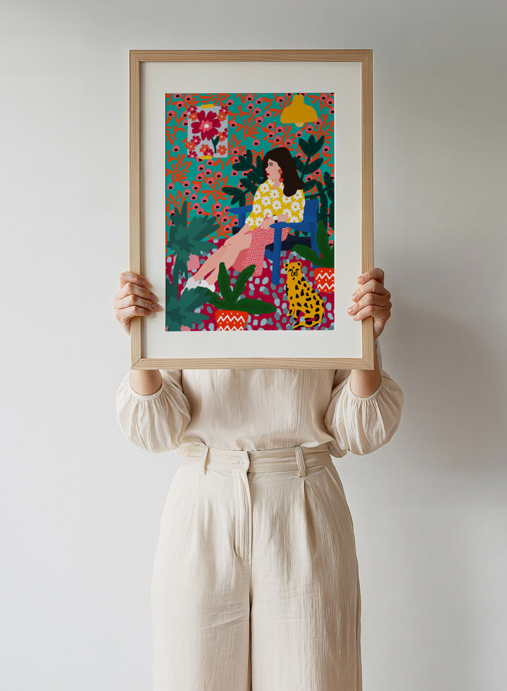 Floral Daydreaming by Rafaela Mascaro fine art print featuring bold botanical interior, modern woman portrait, and colorful contemporary wall art poster.