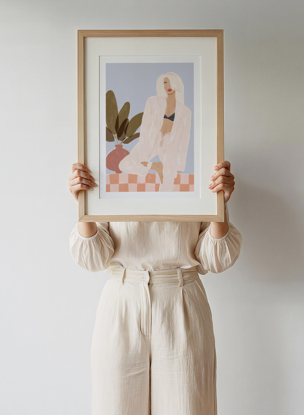 Too Lazy To Yoga by Ivy Green is a contemporary illustration art print featuring a relaxed woman in a minimalist interior. Premium fine art print with real wood framing.