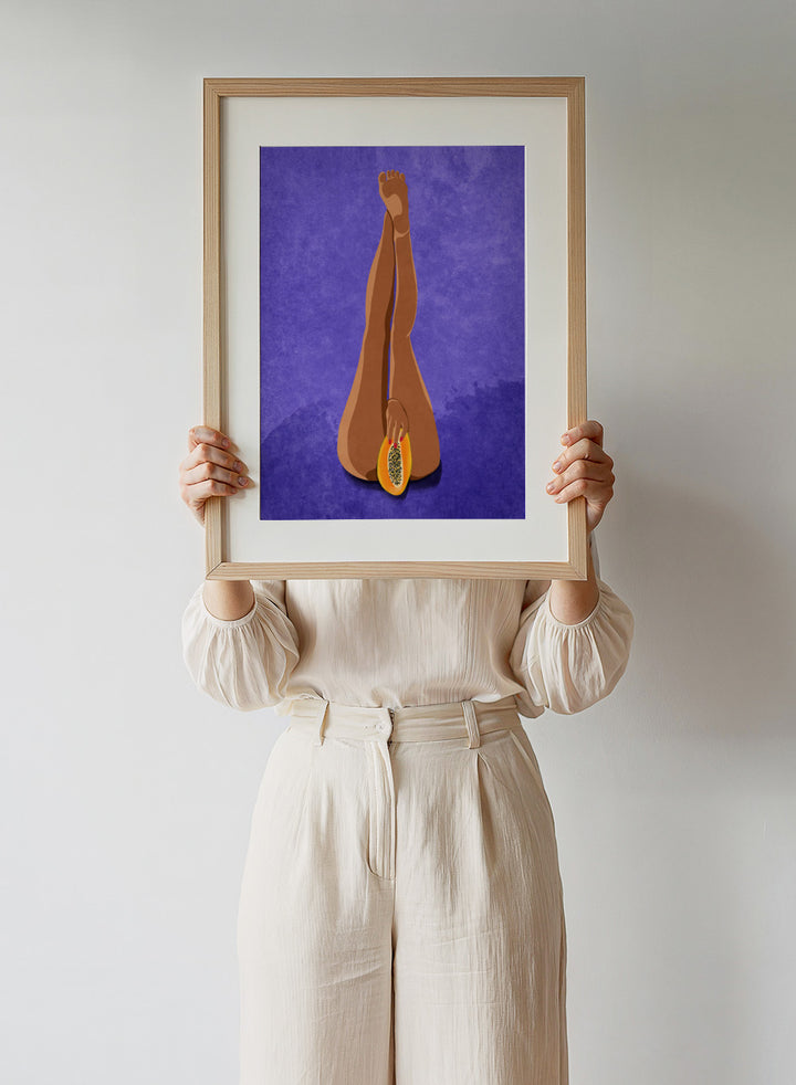 My Papaya by Raissa Oltmanns is a modern woman body art print featuring a bold papaya fruit illustration, playful legs portrait design, and statement wall poster.