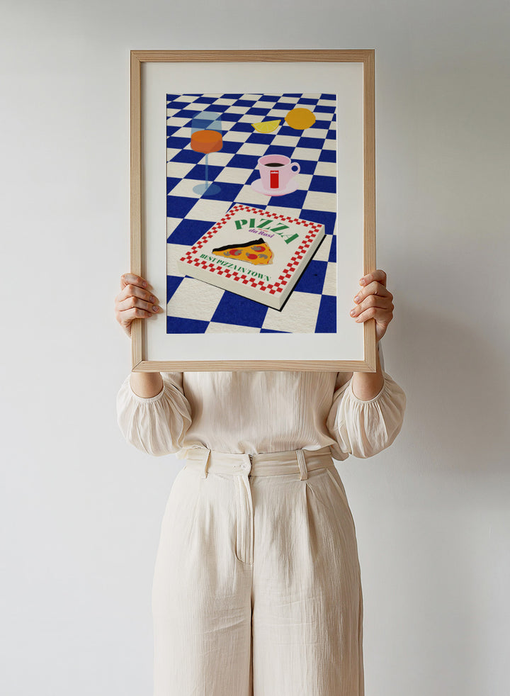 Pizza box with 'Pizza da Ross' branding on a blue and white checkered background. The Italian Menu by Rosi Feist is a modern kitchen wall art print featuring pizza and espresso in a bold minimalist food poster style.