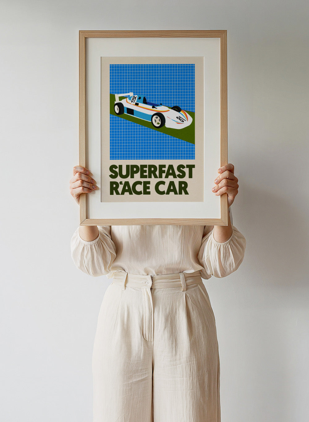 Poster of a race car with 'Superfast Race Car' text on a grid background. Superfast Race Car by Rosi Feist is a modern race car art print with bold graphic color, retro motorsport style, and contemporary poster design.
