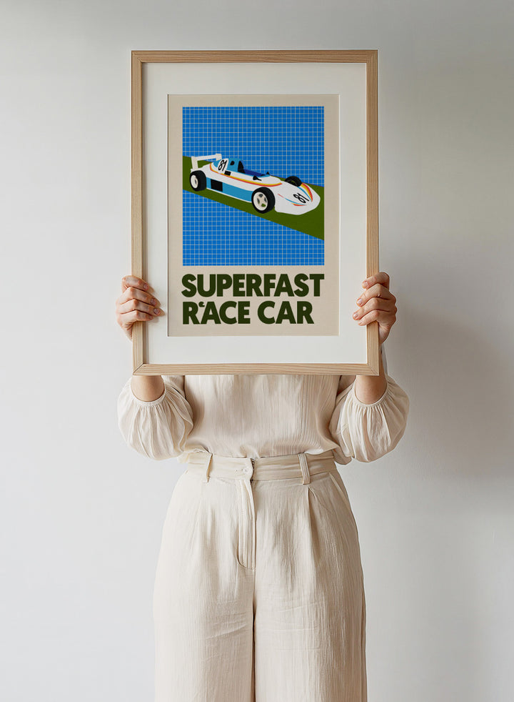 Poster of a race car with 'Superfast Race Car' text on a grid background. Superfast Race Car by Rosi Feist is a modern race car art print with bold graphic color, retro motorsport style, and contemporary poster design.