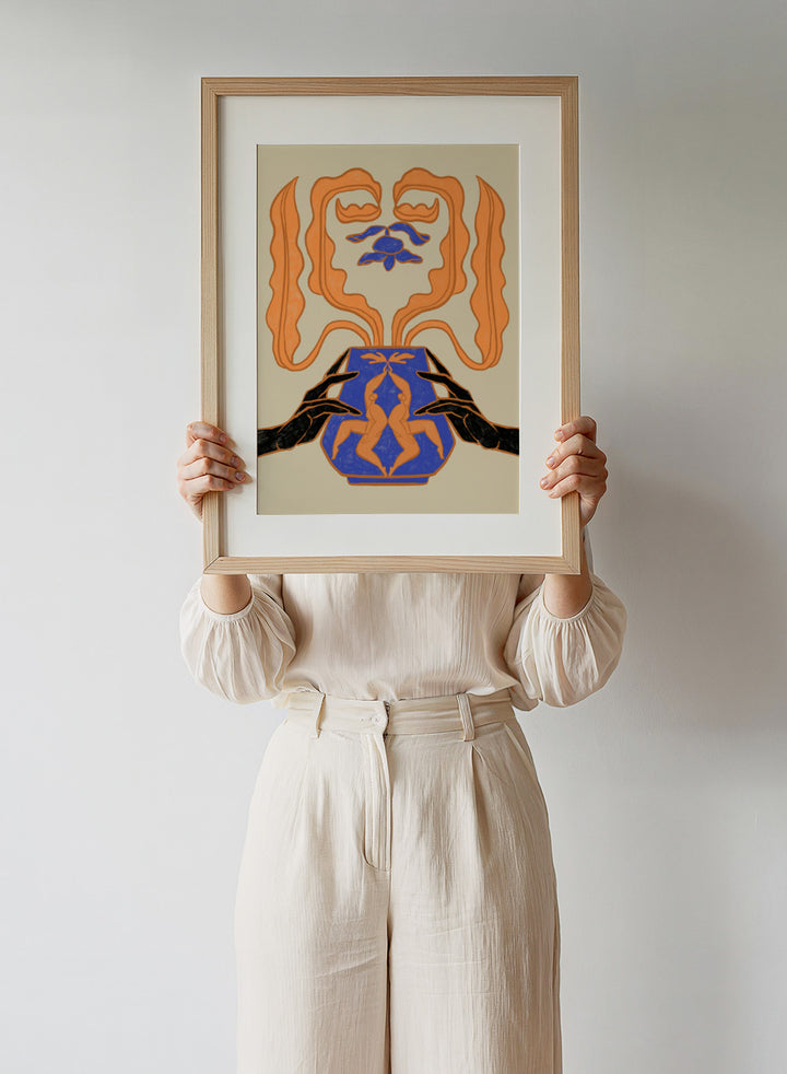 Decorative design with hands holding a vase featuring abstract floral patterns on a beige background. Vessel Collection: New Beginnings by Arty Guava art print, modern vase wall poster with mirrored figures, contemporary blue orange minimalist illustration.
