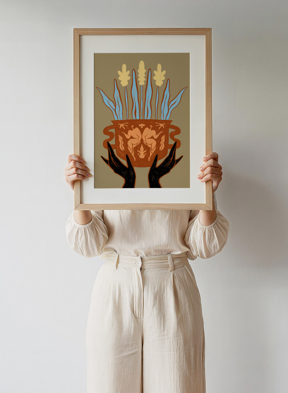 Decorative illustration of a vase with floral design and hands holding it, on a beige background. Vessel Collection: Growth by Arty Guava art print, modern vase wall poster with botanical illustration, contemporary minimalist line artwork.