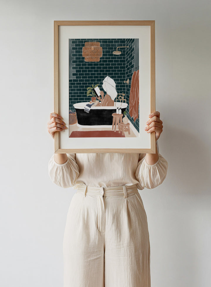 Bathroom Babe by Ivy Green is a contemporary illustration art print featuring a woman relaxing in a bathtub. Premium fine art print with real wood framing.