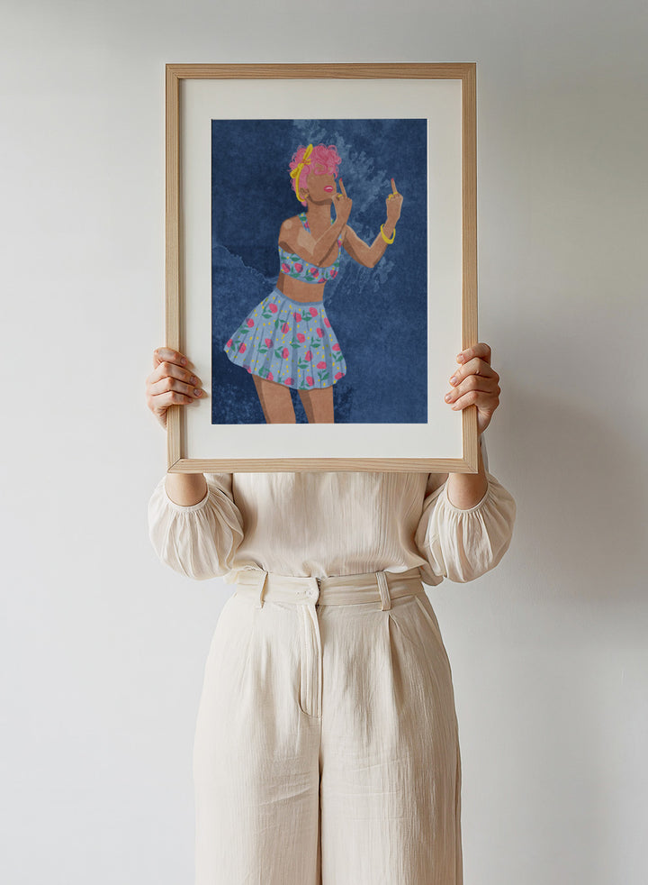 Illustration of a woman in a floral outfit against a blue textured background. Not Your Girl by Raissa Oltmanns is a modern woman portrait art print with a bold middle finger pose, floral outfit illustration, and statement wall poster style.