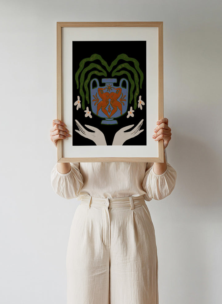 Decorative design with a blue urn, red figure, green leaves, and white flowers on a black background. Vessel Collection: Harmony by Arty Guava art print, modern vase wall poster with botanical illustration, contemporary minimalist line artwork.