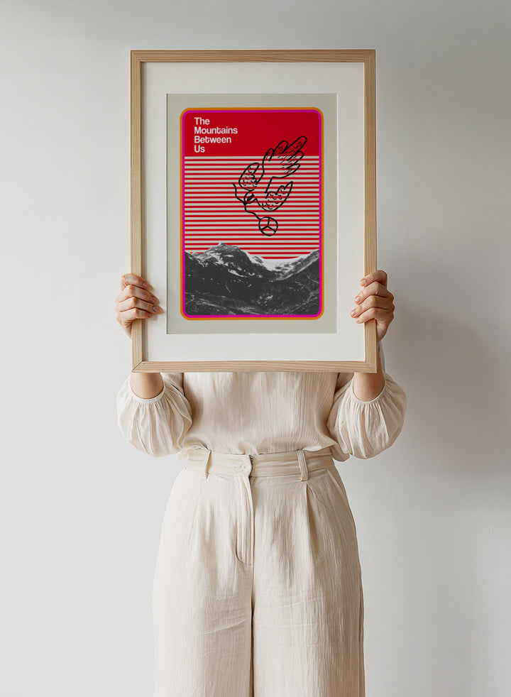 Print of 'The Mountains Between Us' with a red and white striped pattern and mountain illustration. Mountains Between Us by Frances Collett art print featuring red graphic stripes, flying dove illustration, and mountain landscape. Officially licensed modern wall poster with optional framing.