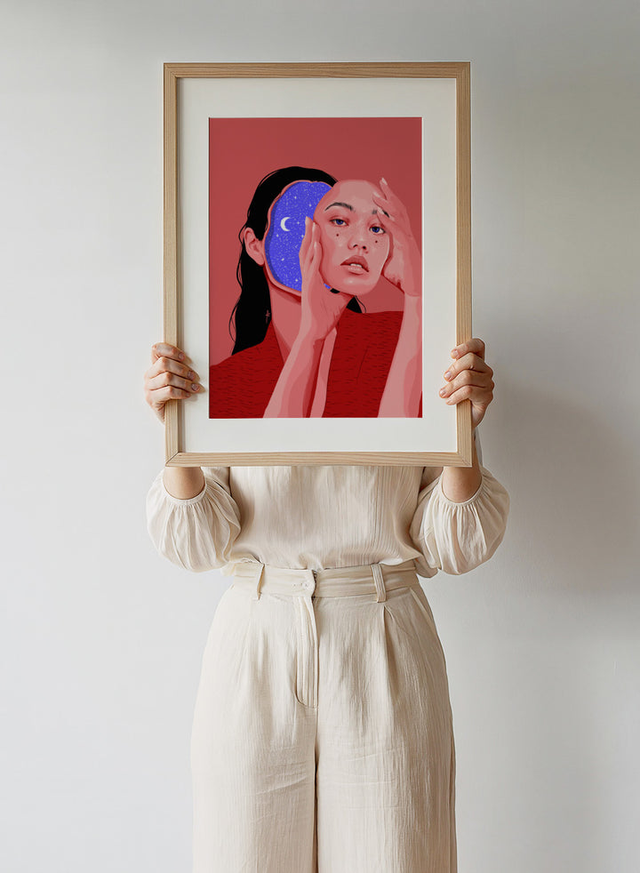 Illustration of a person with a starry night design, on a red background. Des Astres by AnA Ariane is a surreal portrait art print featuring a woman with a starry cosmic interior. Modern figurative wall poster.