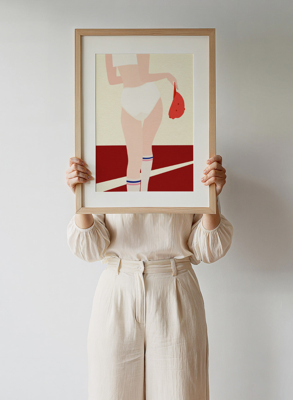 Illustration of a person in a white panty with a red cap on a beige and red background. Panties Socks Cap by Rosi Feist is a modern fashion art print with sporty minimalism, bold color blocking, and contemporary graphic poster style.