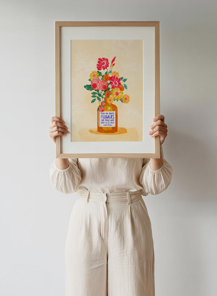 Illustration of a vase with colorful flowers and a quote on a beige background. Always Flowers by Raissa Oltmanns is a modern floral quote art print featuring colorful bouquet and Henri Matisse typography wall poster design.
