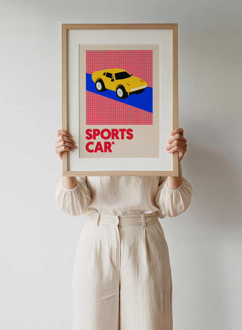 Yellow sports car on a red and blue geometric background with 'SPORTS CAR' text. Sports Car by Rosi Feist is a bold minimalist car art print featuring a bright yellow sports car and graphic typography. Officially licensed Bauhaus-inspired fine art poster with framing.