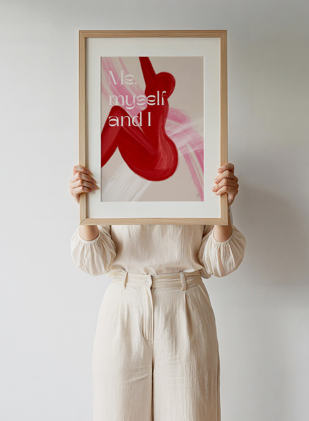 Abstract art with red shapes and 'Me, myself and I' text on a beige background. Red Woman by Anne-Marie Volfova is a modern figurative art print featuring bold red brushstrokes and empowering typography. Contemporary wall poster.