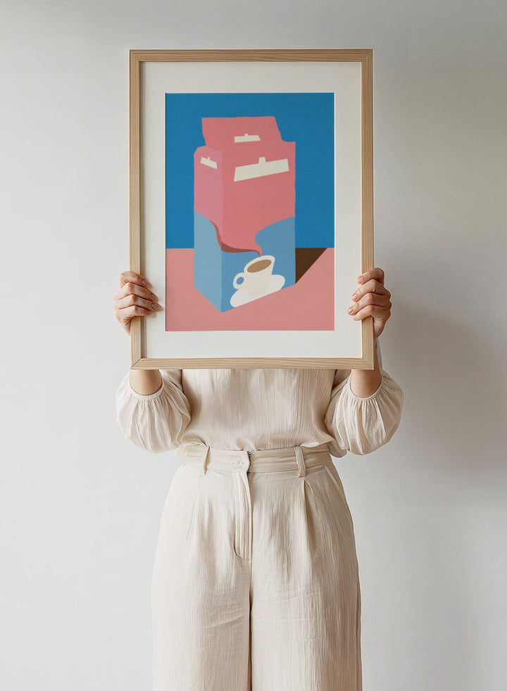 Illustration of a pink milk carton pouring into a white cup on a blue background. Illustration of a pink milk carton pouring into a white cup on a blue background. Crema E Gusto Dolce by Rosi Feist is a minimalist coffee bag kitchen art print with Bauhaus-inspired color. Officially licensed modern poster with framing.