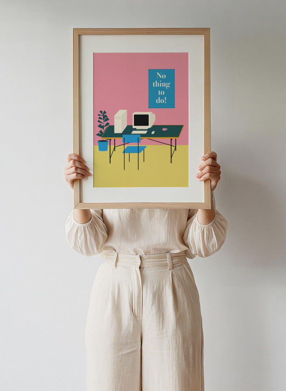 Illustration of a retro computer setup with 'No thing to do!' text on a pink wall. Nothing To Do by Rosi Feist is a modern minimalist desk art print with Bauhaus-inspired design and bold text. Officially licensed fine art poster with framing.