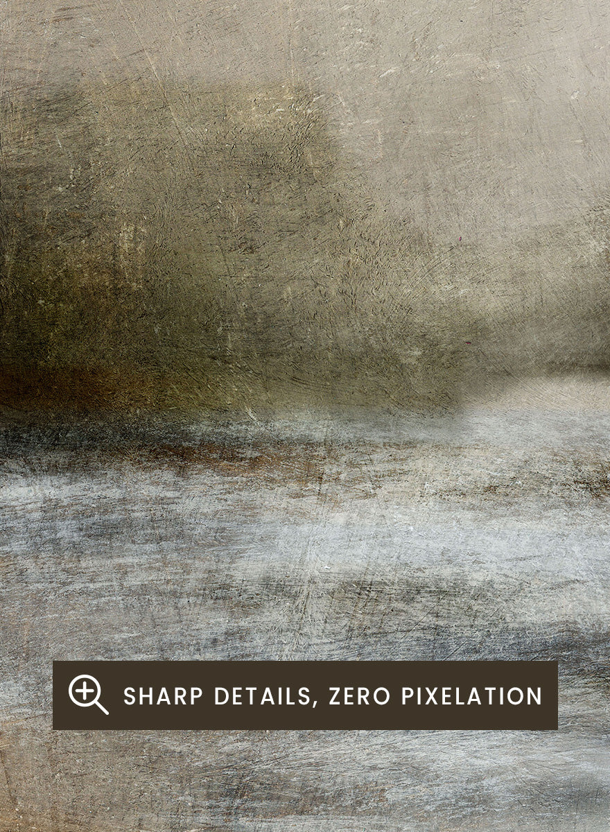 A framed abstract landscape art print featuring textured waves and a distant rocky shoreline in muted beige, gray, brown, and white tones. Shop Dusk by Dan Hobday, a moody landscape art print featuring misty water, low hills, earthy neutral toned nature, and soft layered brush texture.