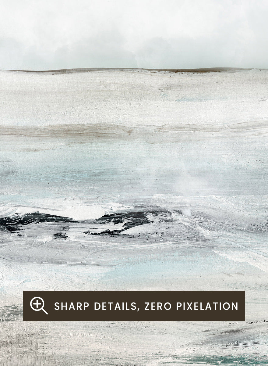 Shop Sandy Bay by Dan Hobday, a coastal landscape art print featuring soft blue-gray water, pale sky, textured shoreline, and layered neutral brushwork.