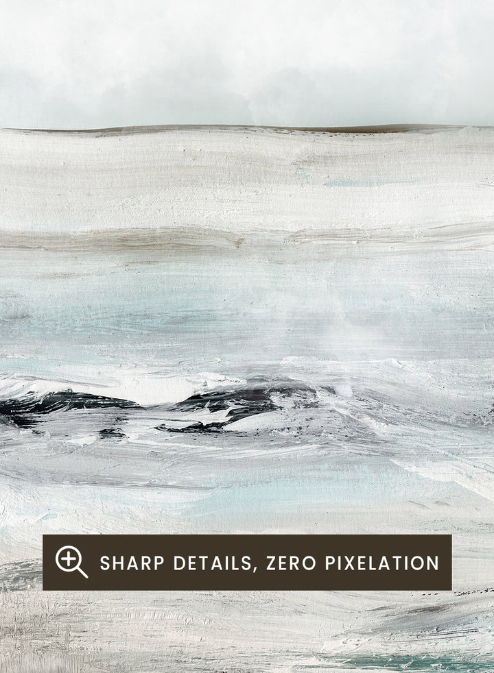 Shop Sandy Bay by Dan Hobday, a coastal landscape art print featuring soft blue-gray water, pale sky, textured shoreline, and layered neutral brushwork.