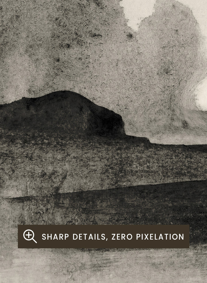 Shop Land No. 01 by Dan Hobday, a muted landscape art print featuring dark landforms, soft trees, distant hills, and layered neutral texture.