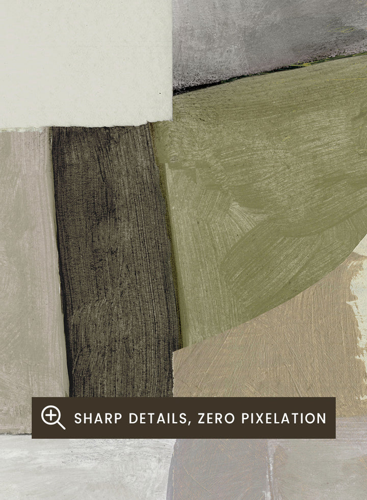Shop Days by Dan Hobday, a contemporary abstract art print featuring mustard yellow, olive, taupe, black, and layered geometric forms with textured brushwork.