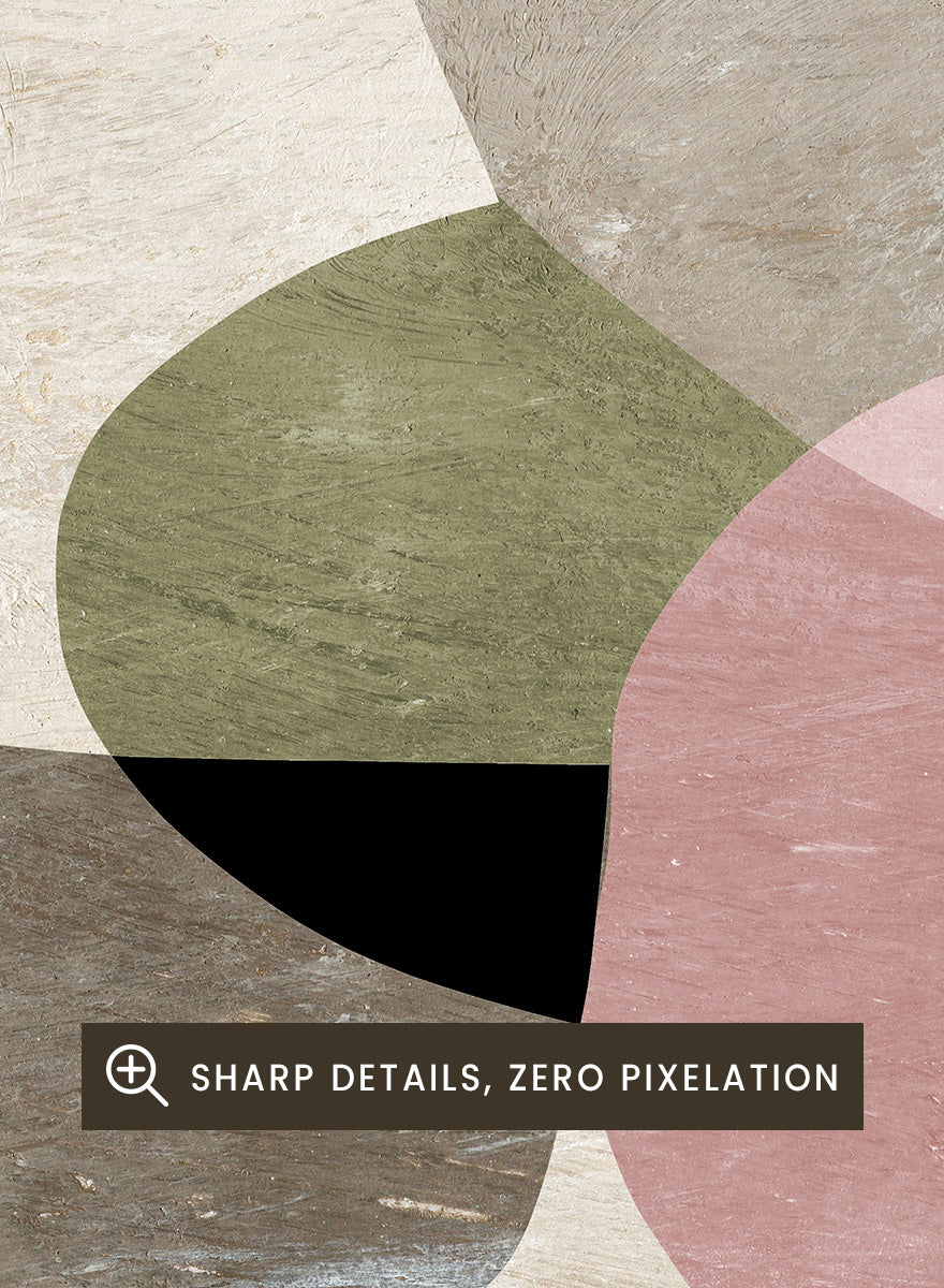 Shop Seven by Dan Hobday, a contemporary abstract art print featuring rounded geometric forms, muted olive, taupe, pink, and layered neutral texture.