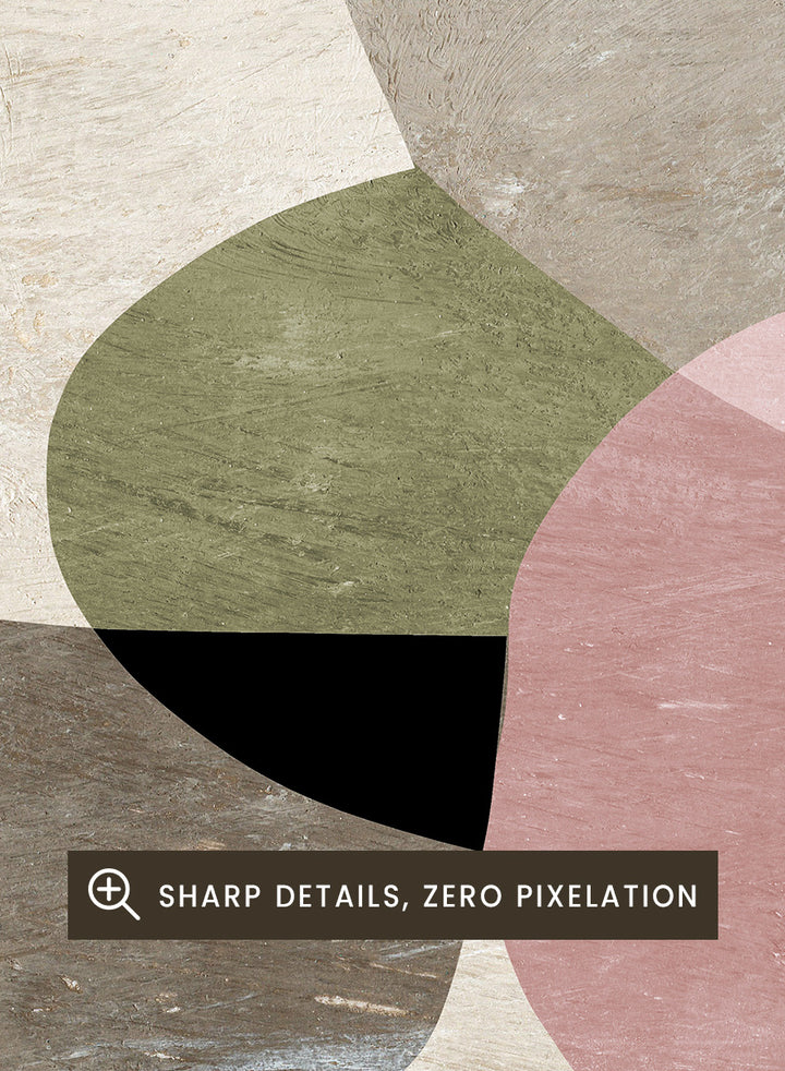 Shop Seven by Dan Hobday, a contemporary abstract art print featuring rounded geometric forms, muted olive, taupe, pink, and layered neutral texture.