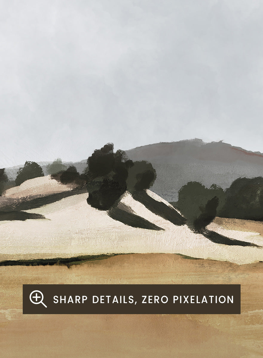 Shop Lazy Afternoon by Dan Hobday, a warm landscape art print featuring golden fields, dark trees, rolling hills, and soft late-summer tones.