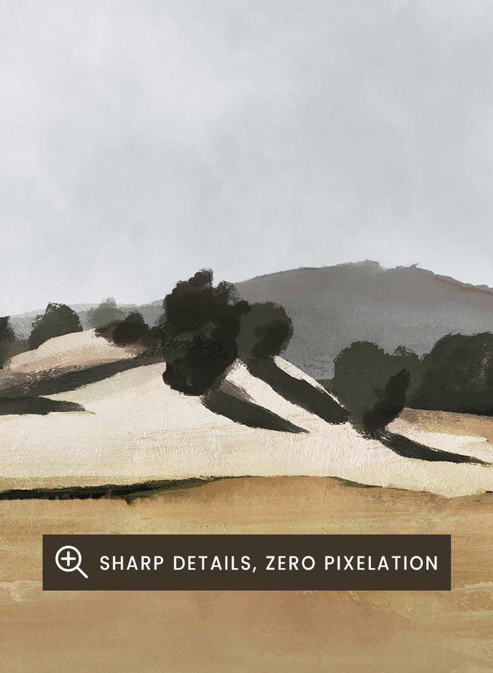 Shop Lazy Afternoon by Dan Hobday, a warm landscape art print featuring golden fields, dark trees, rolling hills, and soft late-summer tones.