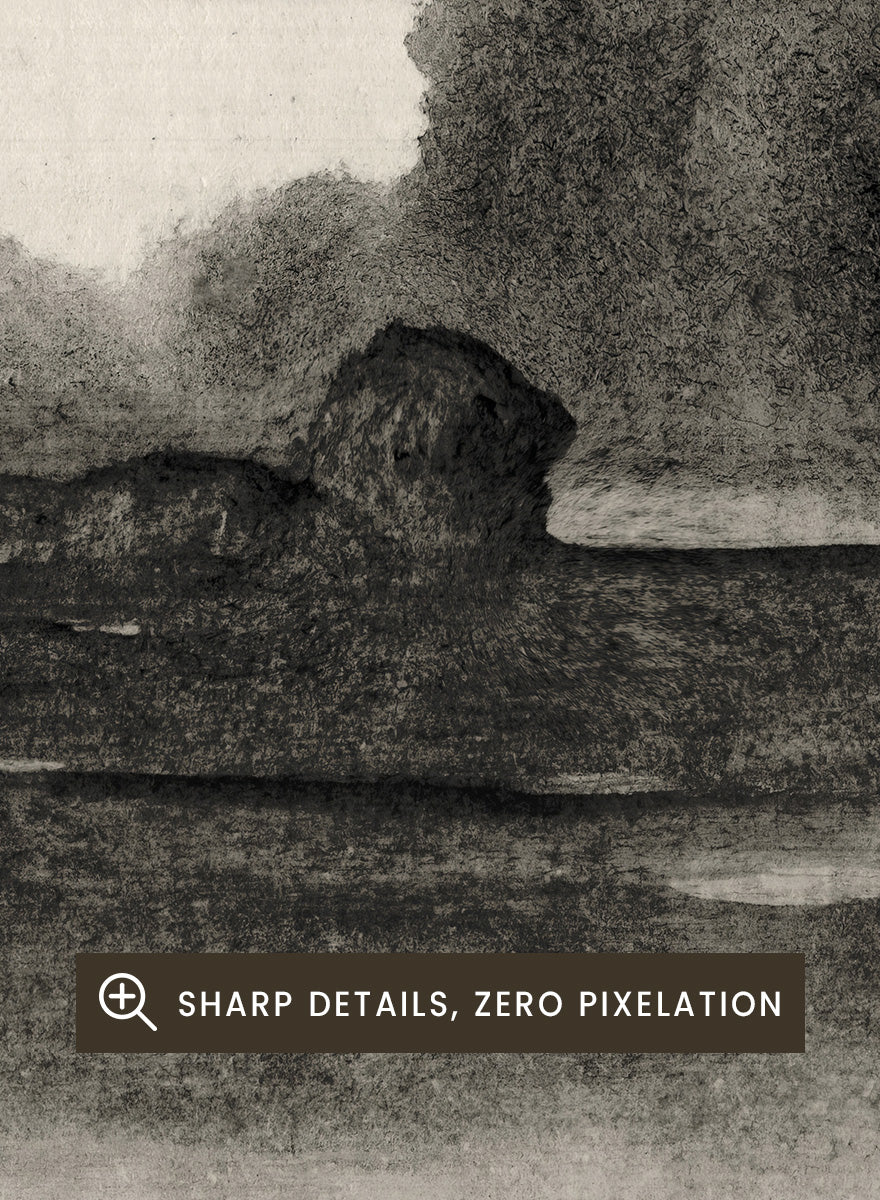 Shop Land No. 02 by Dan Hobday, a moody landscape art print featuring dark trees, layered fields, muted neutral tones, and soft atmospheric texture.