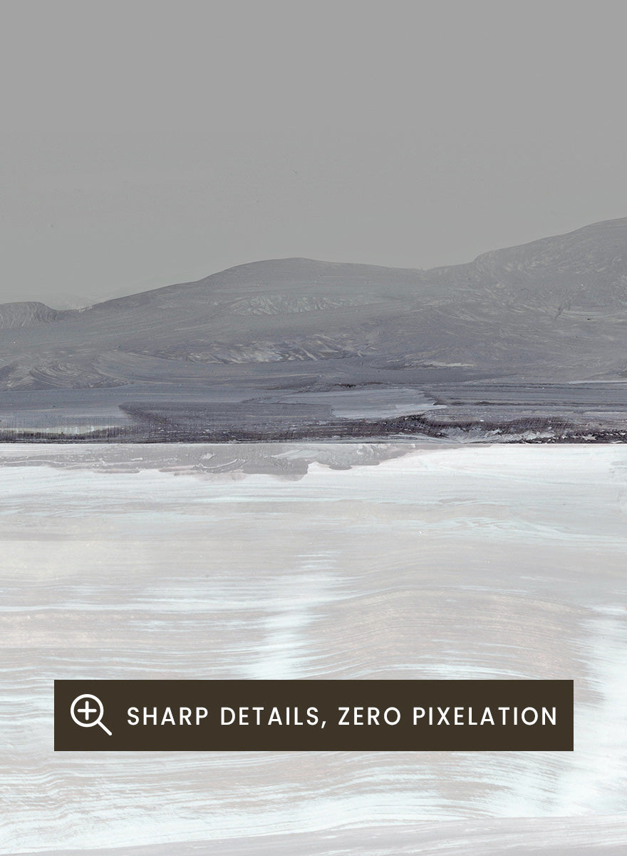 Shop Tides by Dan Hobday, a contemporary coastal landscape art print featuring pale blue water, distant hills, soft gray tones, and layered brush texture.