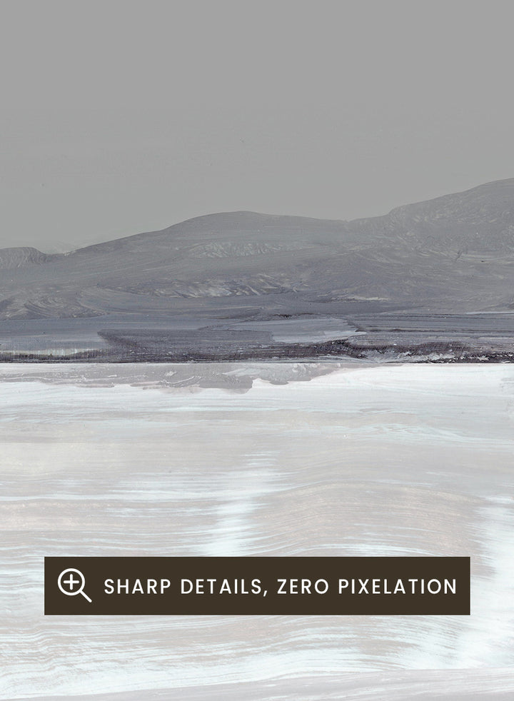 Shop Tides by Dan Hobday, a contemporary coastal landscape art print featuring pale blue water, distant hills, soft gray tones, and layered brush texture.