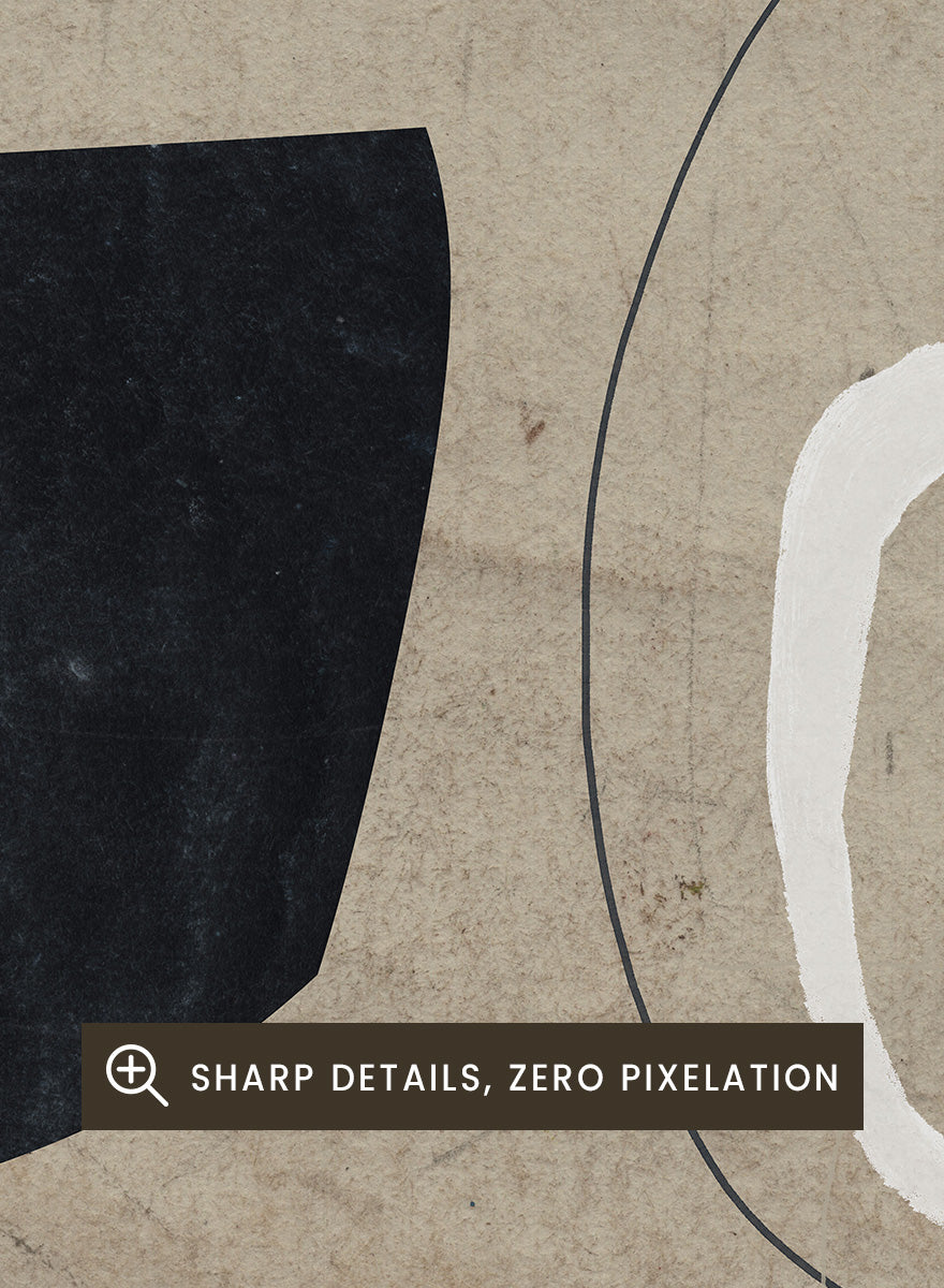 Shop Comfort by Dan Hobday, a contemporary abstract art print featuring bold black and white forms, curved linework, warm beige tones, and textured detail.