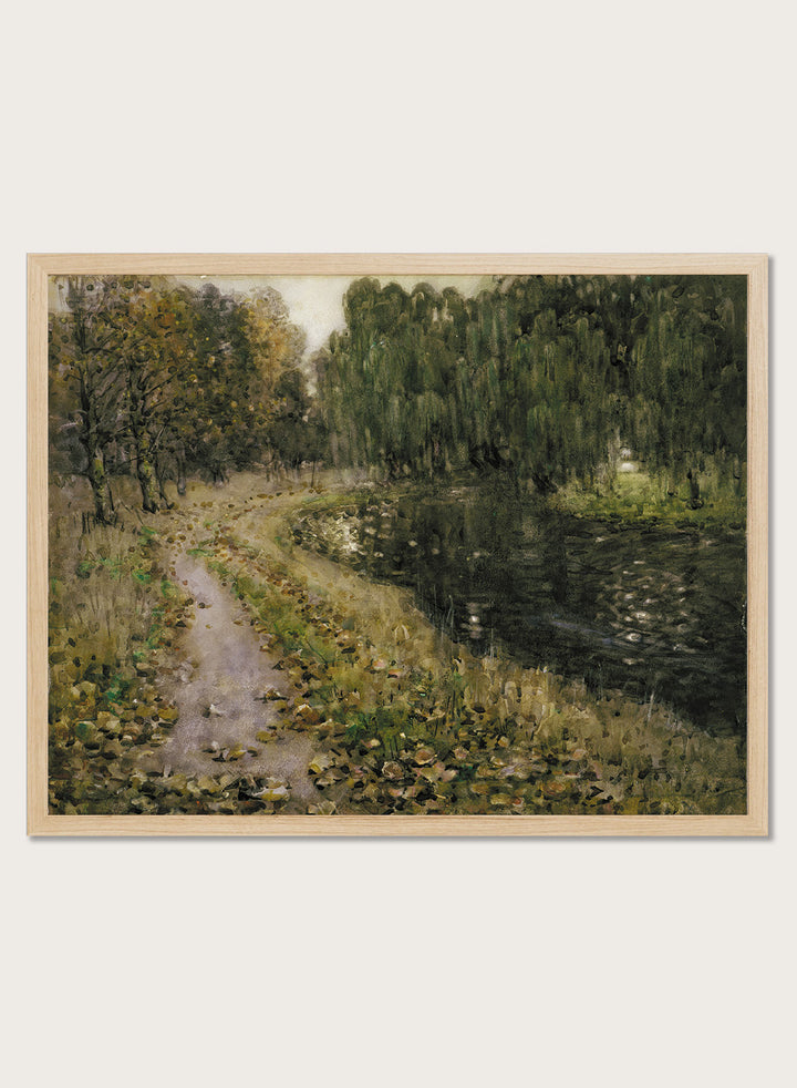 Shop Riverside, Autumn by Margaret Stoddart, a vintage landscape wall art print poster depicting a leafy river path in Christchurch in rich green tones.