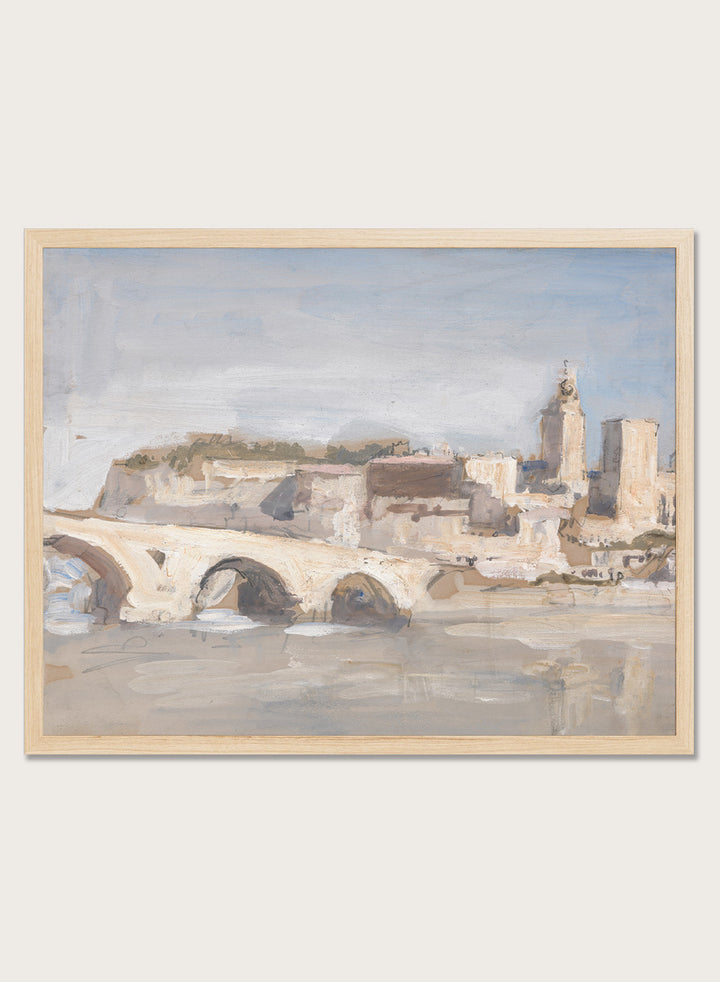 A framed art print depicting a scenic landscape with a stone bridge over water, historic buildings, and a church tower under a pale sky. Avignon; Bridge over a River by Hercules Brabazon Brabazon is a vintage watercolor art print featuring a stone bridge, river, and pale city skyline.