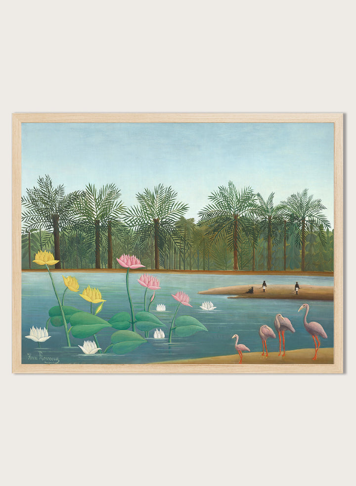 Shop The Flamingoes by Henri Rousseau, a vintage tropical nature landscape and animal art print featuring pink flamingoes, lotus flowers, palms, and blue water.