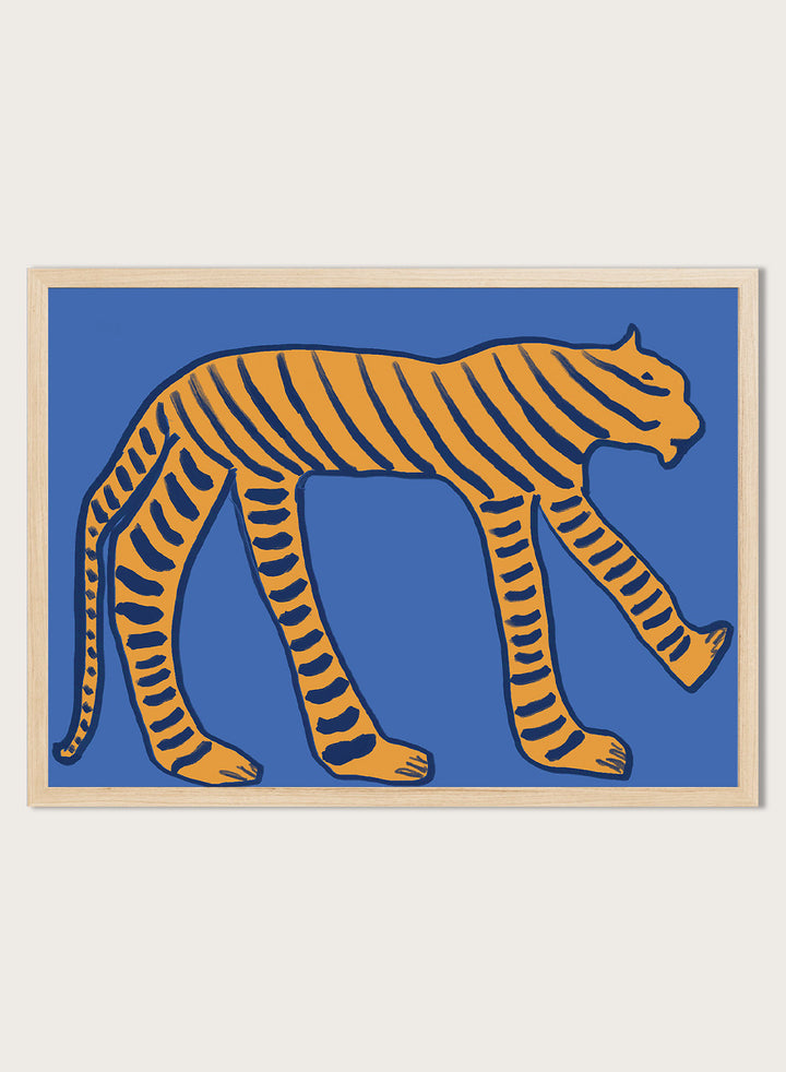 Stylized Blue Tiger by The Art Concept animal art print featuring an orange tiger with deep blue stripes and an elongated, graphic silhouette.
