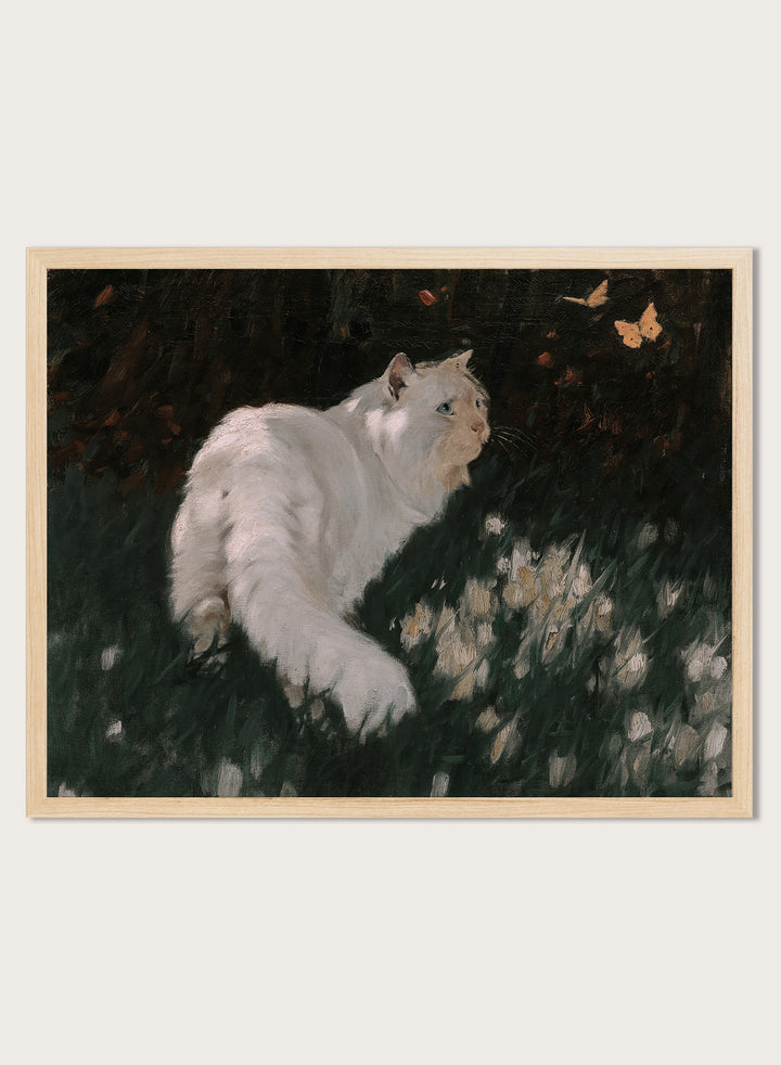 "White Cat and Butterflies" Art Print