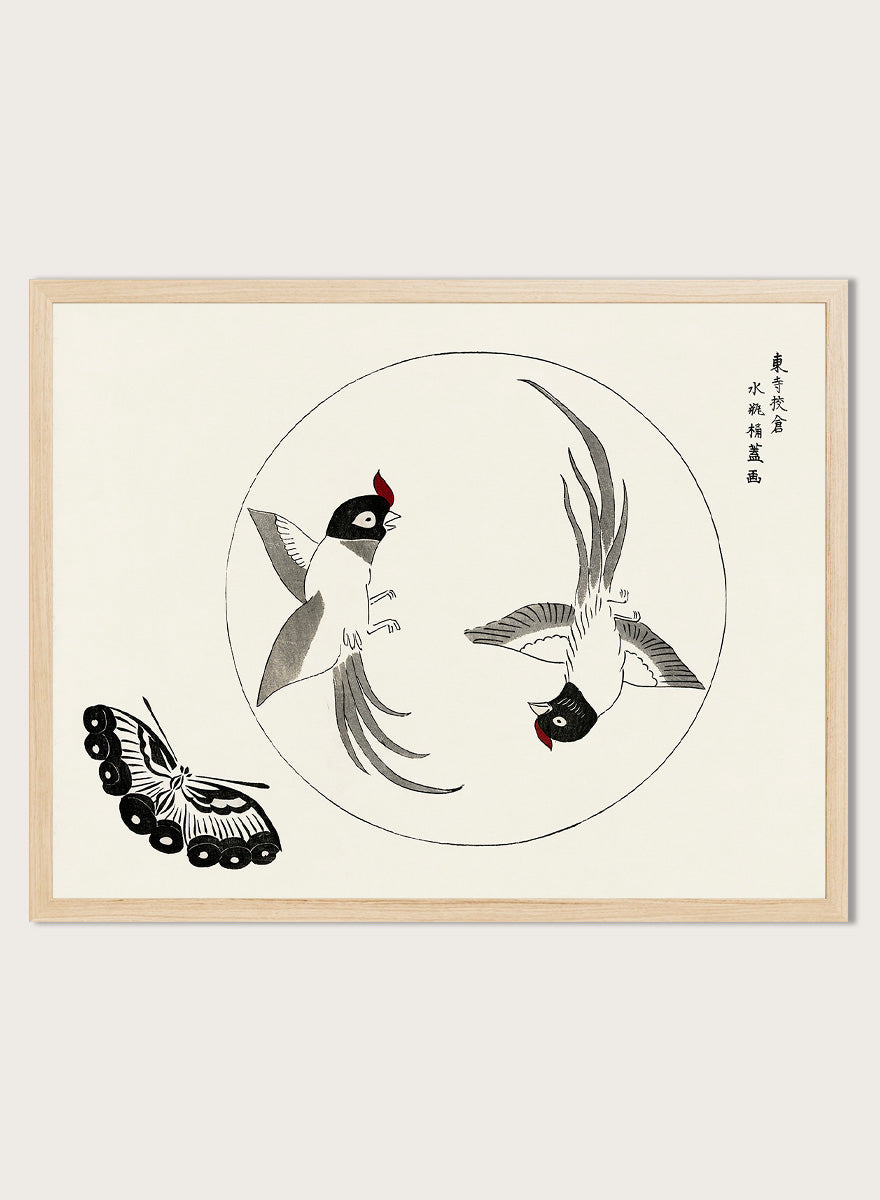 Birds and Butterfly by Taguchi Tomoki is a vintage Japanese woodblock art print featuring two long-tailed birds, a butterfly, and original Japanese detailing.