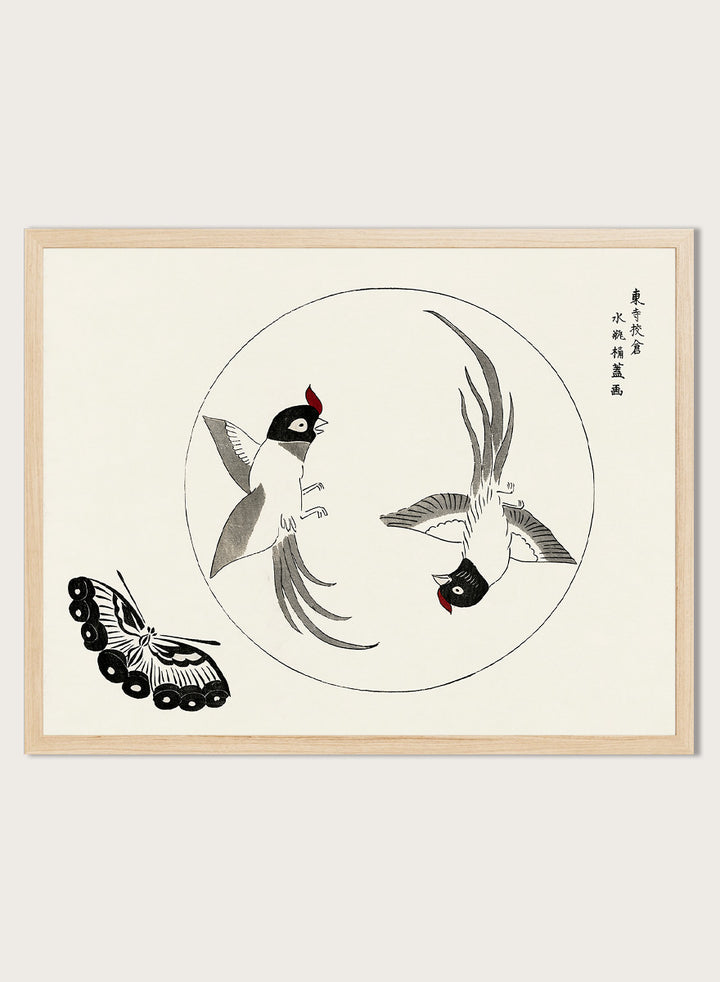 Birds and Butterfly by Taguchi Tomoki is a vintage Japanese woodblock art print featuring two long-tailed birds, a butterfly, and original Japanese detailing.