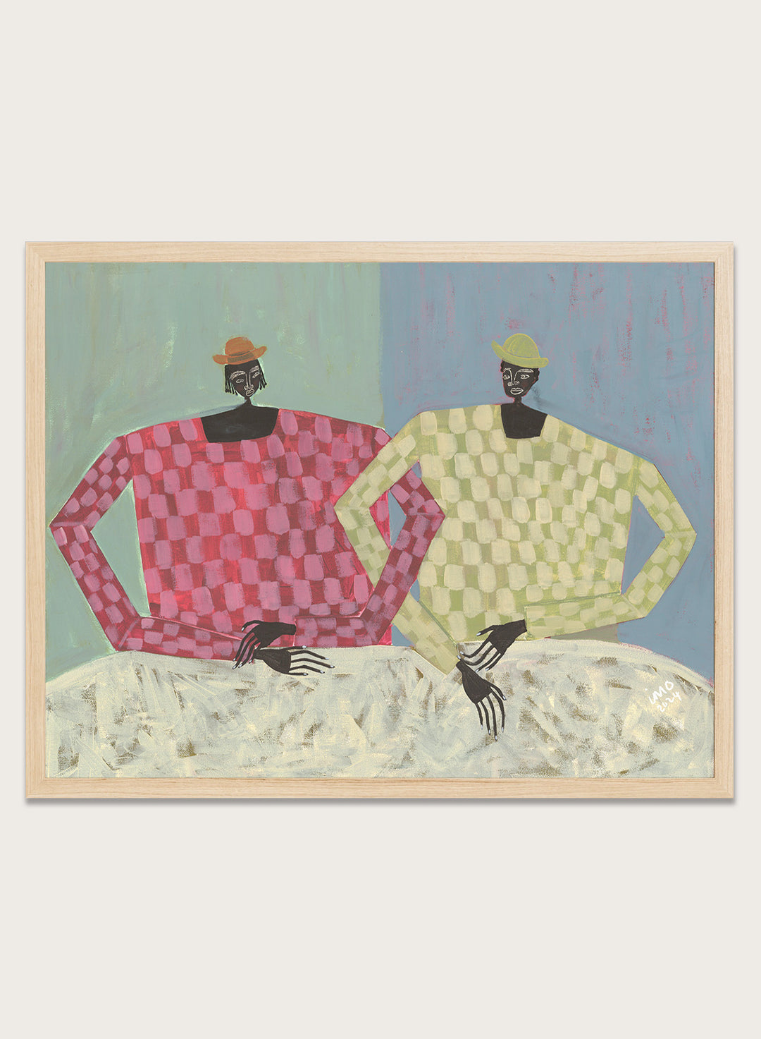 Framed artwork of two figures wearing colorful sweaters against a textured background. Opposites by Studio IMO (Ibi Meier-Oruitemeka) is a modern figurative art print with two figures, bold color contrast, and contemporary wall poster design.