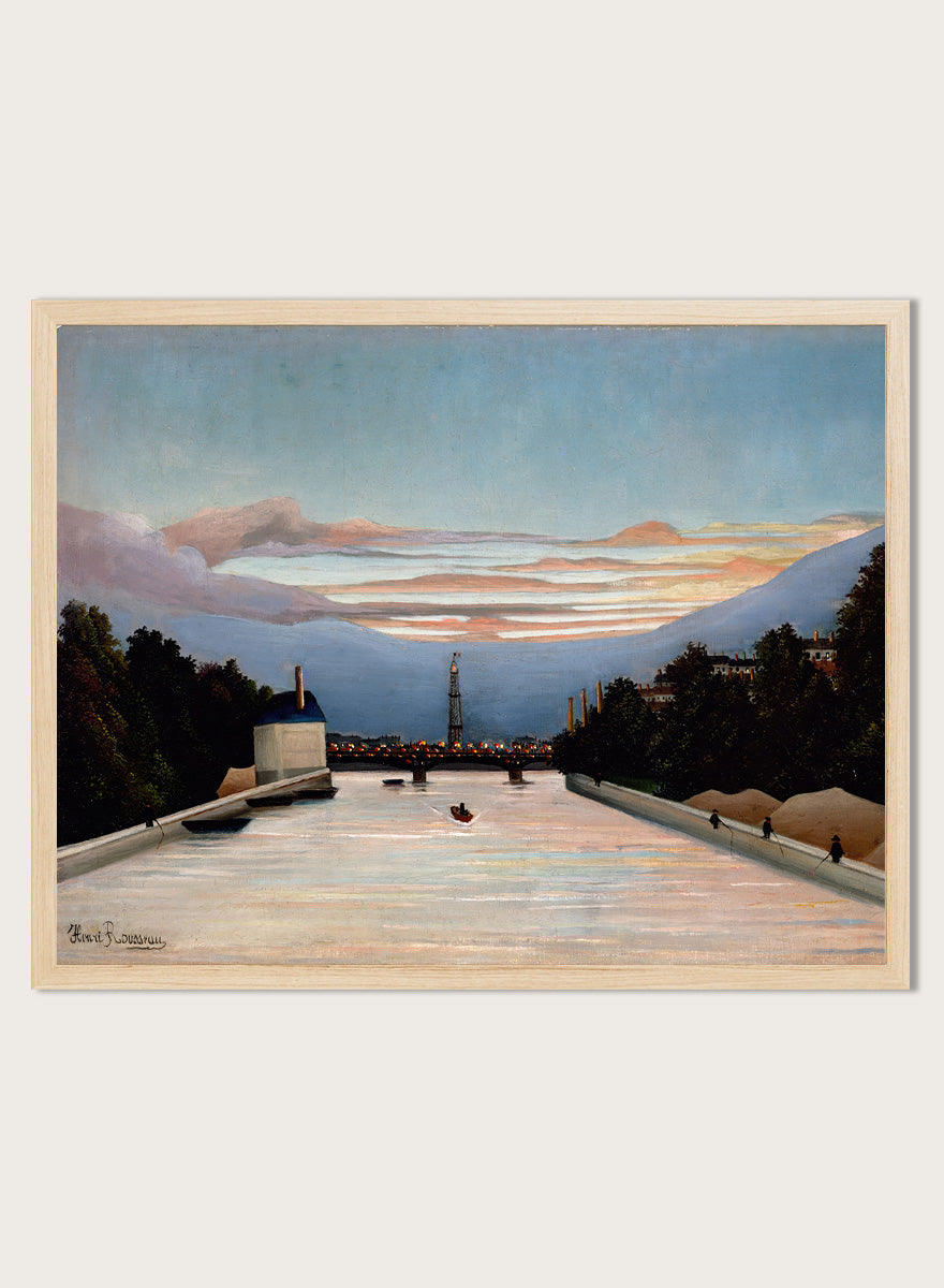 The Eiffel Tower by Henri Rousseau is a vintage Paris landscape art print featuring the Seine, Eiffel Tower, riverboats, city trees, and a blue sunset sky.
