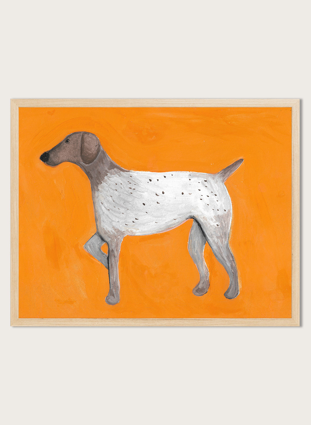 Framed artwork of a dog on an orange background. Orange Pointing Dog by Lerin Freyou is a hand painted minimal dog art print with bold orange background, modern animal poster with clean aesthetic style.