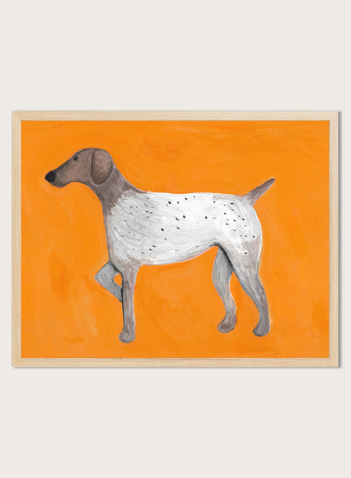 Framed artwork of a dog on an orange background. Orange Pointing Dog by Lerin Freyou is a hand painted minimal dog art print with bold orange background, modern animal poster with clean aesthetic style.