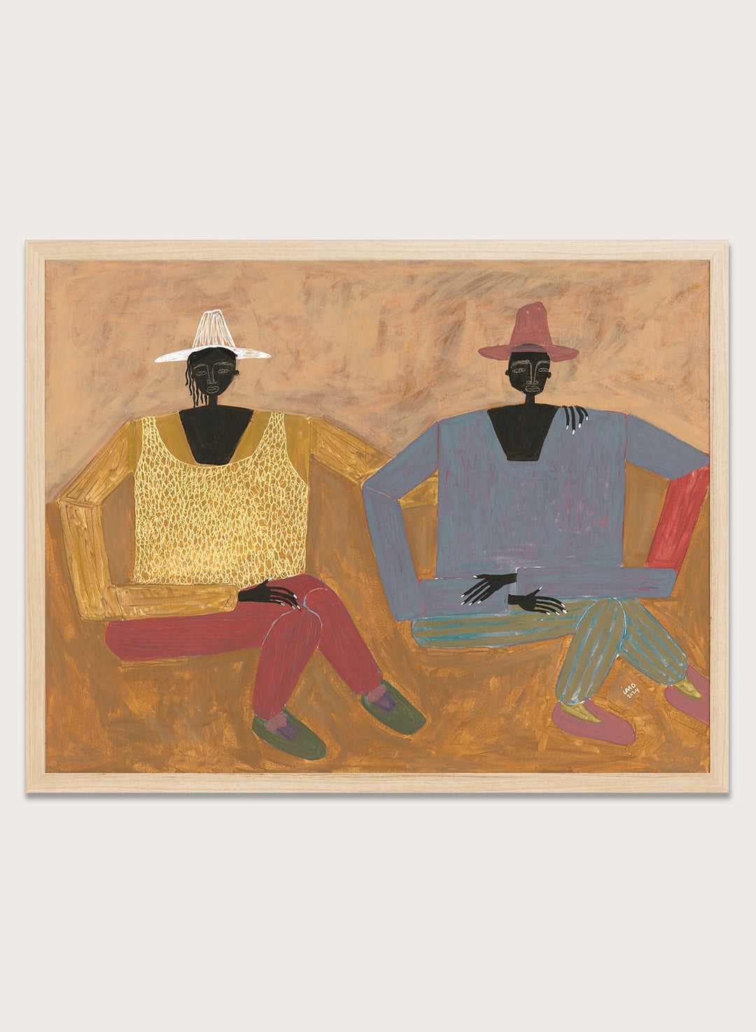 Framed artwork of two people sitting on a bench with a plain background. Still, Together by Studio IMO (Ibi Meier-Oruitemeka) is a modern figurative art print with two seated figures in a contemporary wall poster design.