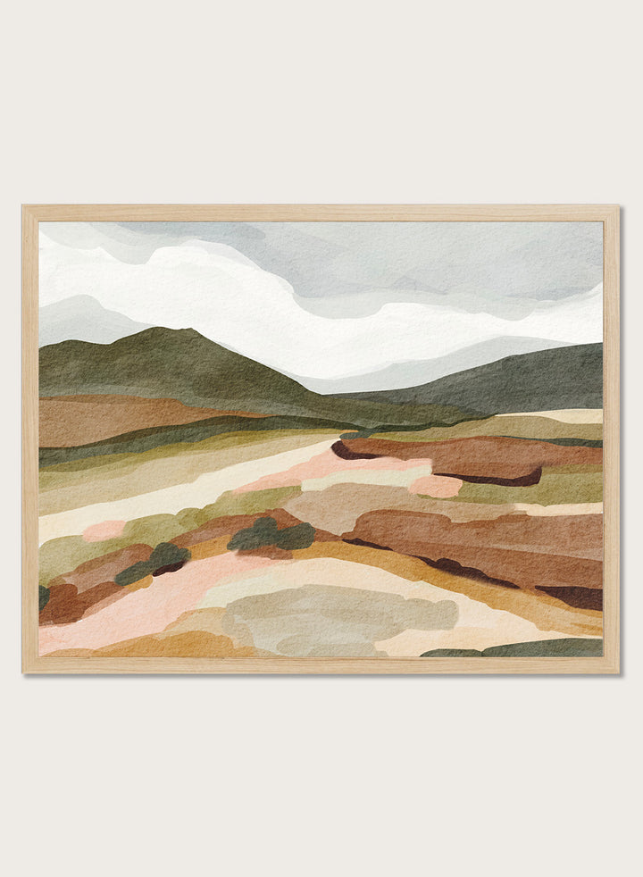 Shop Muted Mountain Landscape by Nikita Jariwala, a modern mountain wall art print poster with abstract hills, olive green, brown, cream, blush, and charcoal tones.