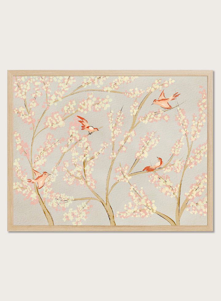 Shop Pink Birds Spring Blossoms by Nikita Jariwala, a delicate bird and floral wall art print with pink blossoms, coral birds, and a soft gray beige botanical backdrop.