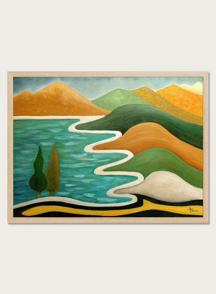 A framed landscape painting featuring stylized green hills, orange mountains, a winding white path, and a turquoise blue body of water with two dark green trees. Shop Abstract River Landscape by Angeles M. Pomata, a colorful abstract landscape art print featuring winding water, rolling hills, and bold earthy tones.